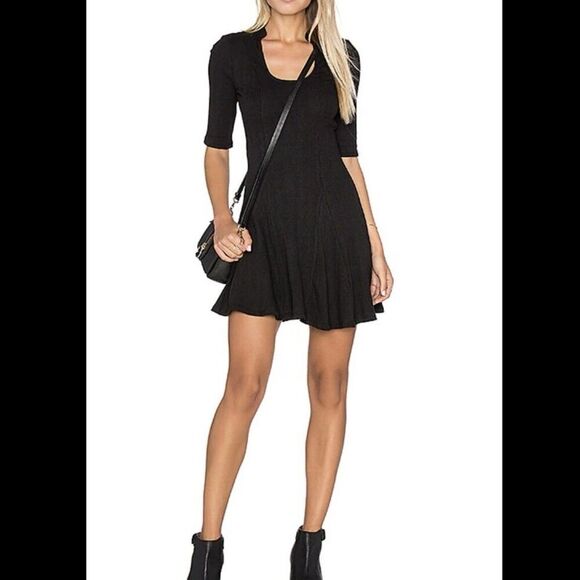 FREE PEOPLE Black Jolene Ribbed Knit Fit & Flare Half Sleeve Mini Dress Large - Picture 1 of 7